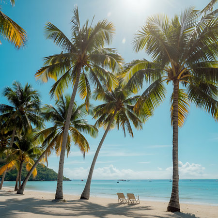 Idyllic tropical beach scene featuring tall palm trees silhouetted against a vibrant turquoise sea and clear blue sky Two empty beach chairs sit on the white sand beach inviting relaxation and peaceful contemplation The calm waters reflect the sunlight creating a serene and inviting atmosphere A small boat is visible in the distance adding to the sense of tranquility The lush green foliage of the headland frames the scene adding depth and texture to the image The scene evokes feelings of escape vacation and the beauty of natureの素材