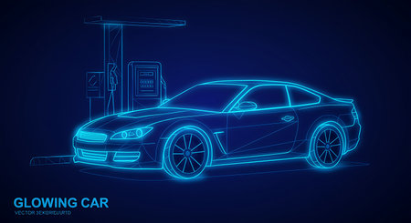 A modern sleek car outlined in glowing blue lines stands at a futuristic gas station The scene is set against a deep blue background creating a high tech and futuristic feel The design could be used to illustrate concepts related to electric vehicles future transportation technology automotive design or innovative energy solutions It has an aesthetic appeal making it suitable for various media presentations or graphic designsの素材