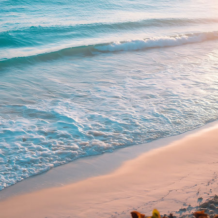 A beautiful and calming view of turquoise ocean waves softly washing onto a light sandy beach The water is a vibrant turquoise color with gentle white foam as the waves break The sand is a soft light color perhaps reflecting the suns rays creating a warm glow The scene evokes tranquility and relaxation suggesting a perfect vacation spot or a peaceful escape The gentle movement of the water and the vastness of the ocean create a sense of serenity and aweの素材