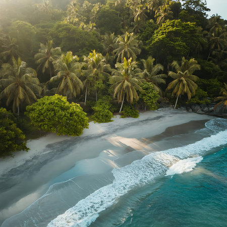 A breathtaking aerial view captures a serene tropical beach paradise Lush green palm trees line the shore creating a vibrant contrast against the pristine white sand The turquoise water gently kisses the beach with soft waves adding to the peaceful atmosphere This idyllic scene evokes feelings of tranquility relaxation and escape perfect for travel destinations vacation getaways and nature photography enthusiasts seeking the ultimate paradise experienceの素材