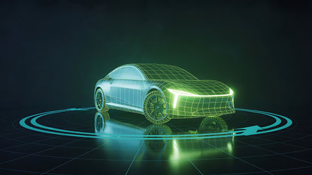 A modern wireframe rendering of an electric car showcases a futuristic automotive design The car is rendered in shades of blue and green with glowing white headlights It is displayed rotating atop a circular platform with arrows indicating direction on a glossy tiled surface This imagery is suitable for illustrating concepts related to technology transportation innovation and automotive engineering and sustainable energyの素材