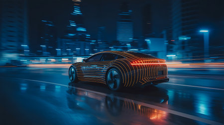 An eyecatching image of a sleek electric vehicle speeding through a vibrant city at night The car is designed with modern neon lights highlighting its futuristic design The wet asphalt reflects the city lights creating dynamic visual effects The background features blurred city buildings further emphasizing the cars motion and speed It is a perfect representation of innovation modern transportation and urban lifestyle Ideal for use in advertisements technology blogs and automotive magazinesの素材