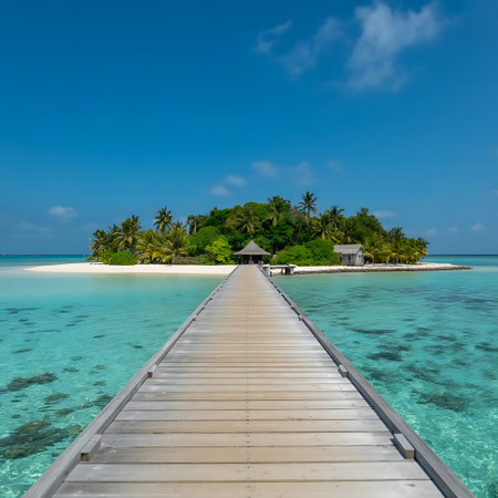 A captivating view of a tropical island paradise is presented with a wooden pier extending out into the crystal clear turquoise water Leading the eye toward a secluded island with lush green vegetation and swaying palm trees The clear blue sky complements the vibrant colors of the water and the island creating a scene of perfect tranquility and escape A small hut or building is nestled among the trees adding to the idyllic and secluded nature of the retreat This image evokes feelings of relaxation adventure and the ultimate vacation experience perfect for travel publications or promotional material for luxury resortsの素材