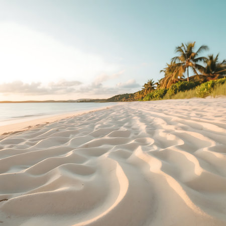 A serene and captivating photograph of a tropical beach during the day The pristine white sand exhibits textured ripples formed by the wind and tide creating a mesmerizing pattern that stretches towards the horizon Lush green vegetation and palm trees line the edge of the beach adding a touch of tropical paradise The clear blue sky is dotted with scattered clouds contributing to the peaceful ambiance This image evokes a sense of relaxation and escape making it ideal for travel related content or promoting a tranquil lifestyleの素材