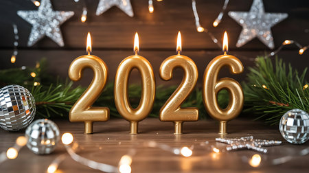 A festive and celebratory image showcasing the upcoming year 2026 in shimmering golden candle numbers The candles are lit and arranged on a wooden surface adorned with festive elements like silver star decorations disco balls and delicate string lights Green pine sprigs add a touch of natural elegance to the setting The warm glow of the candlelight creates a cozy and inviting atmosphere perfect for conveying messages of hope anticipation and New Years cheer This image is ideal for greeting cards party invitations or promotional materials related to the new yearの素材