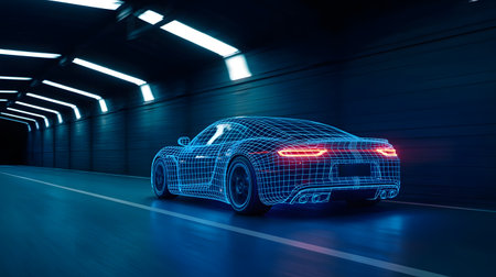 3D rendering of a sports car in a tunnel with neon lightsの素材