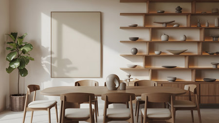 Interior of modern dining room with white walls, wooden floor, long wooden table with beige chairs and round wooden table with chairs. Vertical mock up poster frame. 3d renderingの素材
