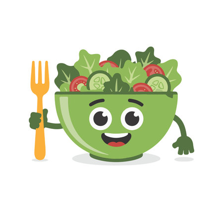 Vegetable salad in bowl character with fork and knife vector Illustrationのイラスト素材