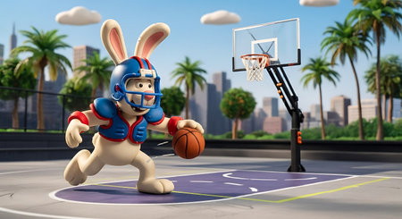 This vibrant image features a cheerful cartoon rabbit character dribbling a basketball on an outdoor court The rabbit is wearing a football helmet and shoulder pads adding a playful touch The background includes palm trees city buildings and fluffy clouds creating a sunny and inviting atmosphere The scene is perfect for illustrating themes of sports recreation childhood fun and urban lifestyle This image will resonate with audiences seeking lighthearted and visually appealing content perfect for marketing or children themed contentの素材