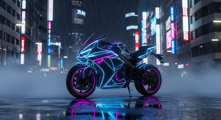 A futuristic motorcycle stands out in a rainy city The bike is outlined with bright neon lights in blue and pink which illuminate the wet asphalt Buildings are illuminated with various signs in the background adding to the futuristic ambience The scene is full of fog or mist creating an atmospheric mood and enhancing the feeling of a city in the future It is a visually captivating image blending technology and urban sceneryの素材