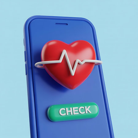 A conceptual image showing a blue smartphone displaying a red heart symbol representing healthcare A white line indicating a heartbeat runs across the heart Below the heart is a green oblong button with the word CHECK displayed This image represents the concept of mobile health online medical checkups health monitoring using mobile devices and digital healthcare solutions The soft lighting and pastel background enhance the visual appeal and clarity of the subjectの素材