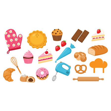 Bakery icons set in cartoon style. Bakery elements vector illustration.のイラスト素材