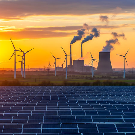 A striking image showcasing a landscape with a diverse range of energy production methods at sunset The foreground features rows of solar panels demonstrating renewable energy generation In the midground wind turbines spin gently harnessing wind power In the background a traditional power plant with cooling towers emits steam symbolizing conventional energy production The warm tones of the setting sun create a visually compelling contrast between old and new energy sources illustrating the transition towards a sustainable future highlighting energy independence and environmental awarenessの素材
