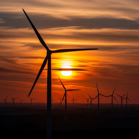 An image of wind turbines at sunset. Renewable energy concept.の素材