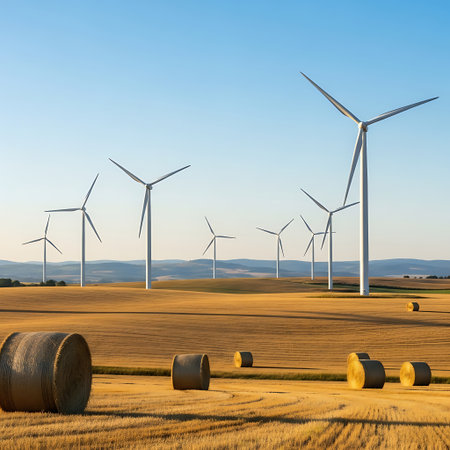 A serene landscape showcasing the harmony between agriculture and renewable energy featuring numerous wind turbines standing tall over a golden field dotted with harvested hay bales The scene is bathed in warm light highlighting the textures of the field and the smooth surfaces of the turbines against a clear blue sky Distant rolling hills provide a subtle backdrop adding depth and context to the image portraying a sustainable energy source coexisting with traditional farming practicesの素材