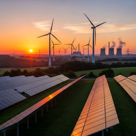 This image captures a diverse energy landscape at sunset featuring solar panels wind turbines and a nuclear power station The composition highlights the coexistence of renewable and traditional energy sources The warm light of the setting sun illuminates the solar panels creating a golden glow while the wind turbines stand tall in the background The nuclear power station is visible in the distance contributing to the energy mix This photograph symbolizes a multifaceted approach to energy production balancing environmental sustainability with the need for reliable power generationの素材