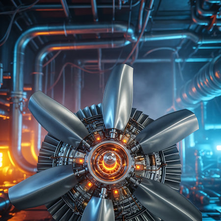 3d rendering of a jet engine inside a power plant with blue lightsの素材