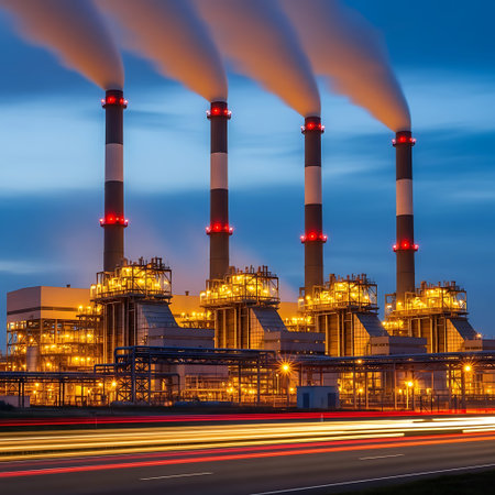 Power plant with smoking chimneys at night. Long exposure photo.の素材