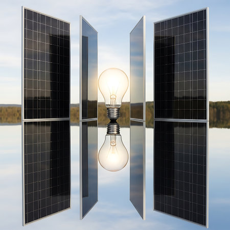 This image represents a symbol of renewable energy and sustainable solutions The composition features solar panels arranged in a creative manner framing a lightbulb The scene is reflected in a still body of water adding depth and symmetry The reflection emphasizes the idea of mirroring conventional energy sources with sustainable alternatives The distant landscape featuring trees and a tranquil sky reinforces the concept of environmental consciousness and harmonizing with nature The image encourages consideration of clean energy solutions and a move toward environmentally friendly practicesの素材