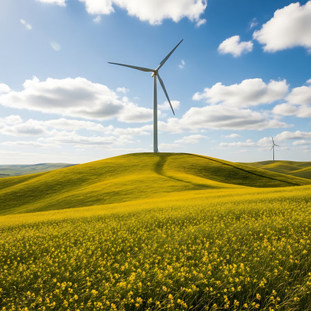 Wind turbines on a field of yellow flowers in Tuscany, Italyの素材