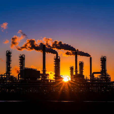 A striking silhouette of an industrial plant is set against the vibrant backdrop of a sunrise The warm hues of orange and yellow create a dramatic contrast with the dark structures of the factory Pipes and towers reach towards the sky while smoke billows from the chimneys painting the scene with a sense of environmental concern The suns rays peek through the intricate network of infrastructure casting long shadows and adding depth to the composition The foreground features a hint of water reflecting the colors of the sky and the imposing presence of the plant emphasizing the impact of industrialization on the landscapeの素材