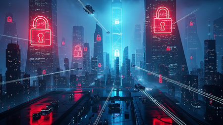 An impressive illustration depicts a futuristic cityscape with towering skyscrapers adorned with glowing digital padlock symbols The urban environment is enhanced by flying vehicles that weave between the buildings adding to the cyberpunk aesthetic Reflective surfaces and strategic lighting create a moody atmosphere that reinforces the high tech theme of the artwork This artwork symbolizes digital security advanced technology and the increasing dependence on cybersecurity measures in urban spacesの素材