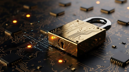 Close up of a golden padlock resting on a circuit board representing cyber security and data protection The image evokes a sense of security technology and the importance of safeguarding information in the digital age The circuit board patterns add to the techoriented theme making it suitable for content related to IT security data encryption and digital safety It symbolizes the measures taken to protect sensitive data from cyber threats and breachesの素材