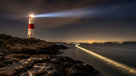 Lighthouse on the sea at night with rays of light coming out of the waterの素材