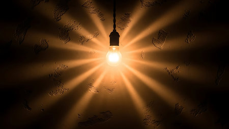 Vintage light bulb on the wall with rays of light. 3D renderingの素材