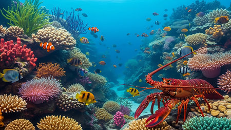 Vibrant coral reef teems with colorful tropical fish and a magnificent red lobster underwaterの素材
