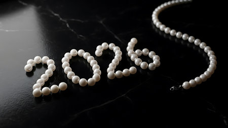 Elegant white pearls form the year 2026 with a necklace on a dark marble surfaceの素材