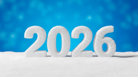 White snow numbers 2026 stand on fresh snow against a vibrant blue winter sky with bokehの素材