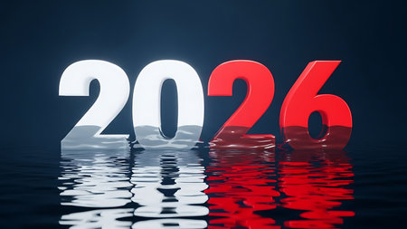 White and red 3D numbers forming 2026 are partially submerged in reflective rippled waterの素材