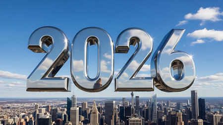 New York City Skyline with 2020 New Year Sign. 3D Renderingの素材