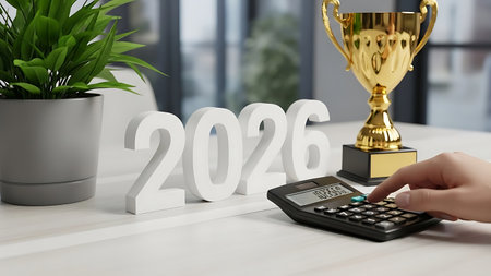 2020 new year concept with calculator and trophy. 3d rendering.の素材