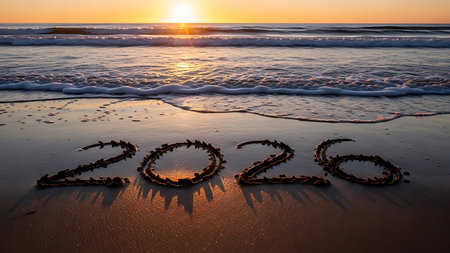 Happy New Year 2020 written on the beach at sunset time. Holiday conceptの素材
