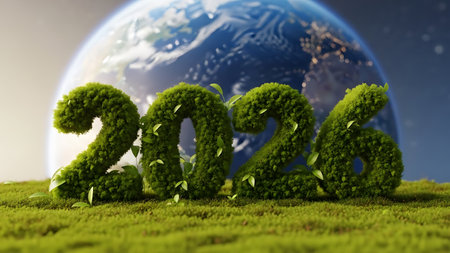 New Year 2016. Green grass and blue planet earth. 3D renderingの素材