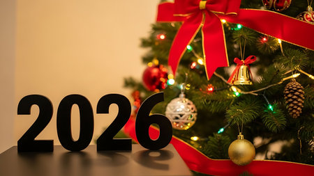 Large black 2026 numbers stand next to a beautifully decorated Christmas tree with colorful lights and ornamentsの素材