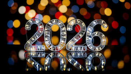 Happy New Year 2026 in silver with bokeh background.の素材