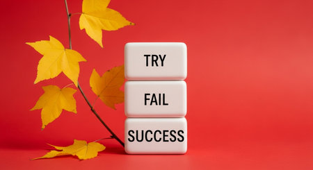 Stack of three blocks with words Try Fail Success on red background with yellow leavesの素材