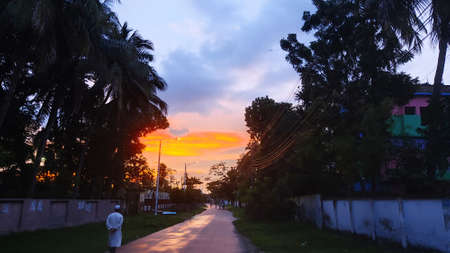 Beautiful sunset in the city on the road. High quality photoの写真素材