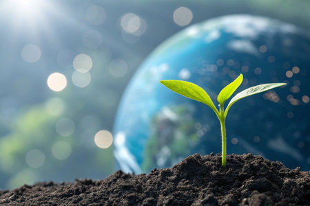 Sprouting Plant in Soil with Earth Background and Sunlight â Symbol of Global Sustainability and Nature Conservationの素材