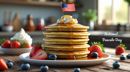 Patriotic Pancake Stack with Berries and Whipped Cream for National Pancake Dayの素材