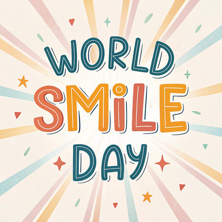 Colorful World Smile Day Typography with Festive Decorative Elements on Blue Backgroundの素材