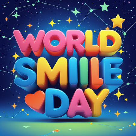 Colorful 3D World Smile Day Typography with Heart and Starry Night Backgroundの素材