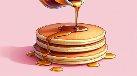 Fluffy Pancake Stack with Golden Syrup Pour on Pink Backgroundの素材