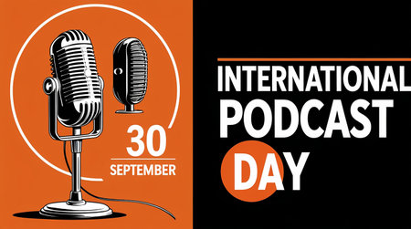 Vintage Microphones on Orange and Black Background for International Podcast Day Promotionの素材