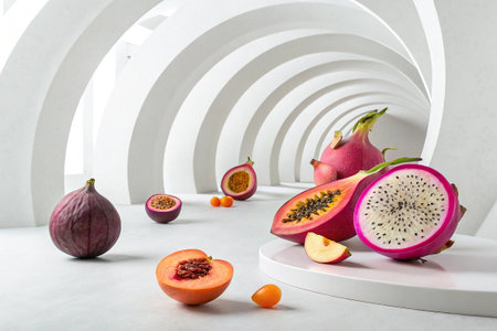 Exotic fruits, dragon fruit, papaya and passion fruit on white backgroundの素材