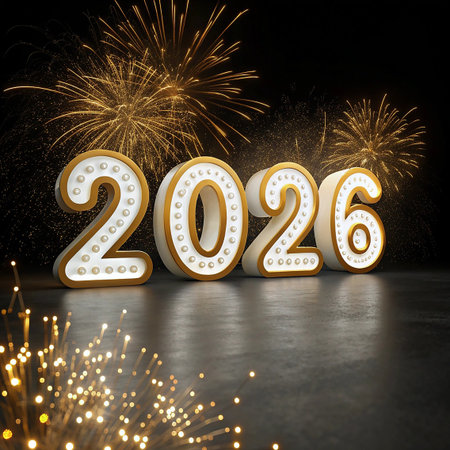 Happy New Year 2026with light bulbs and fireworks. 3D renderingの素材