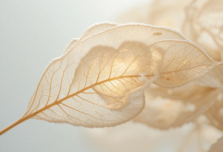 Close up of a white hydrangea leaf with water dropsの素材